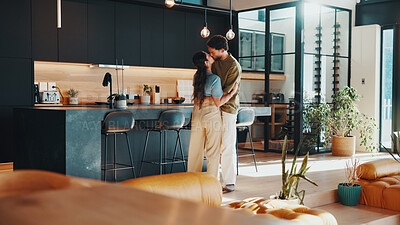 Buy stock photo Couple, hug and kiss in house with love, soulmate connection and quality time for bonding together. Married people, embrace and affection in living room with loyalty, romantic partner and commitment.