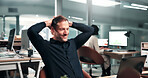 Laptop, happy man and relax in office with stretching, design productivity and done with project. Coworking, mature web designer or satisfaction for site launch, client approval or pride for deadline