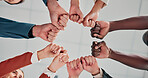 Fist bump, circle and team of business people in office for solidarity, connection or networking. Celebrate, group and corporate employees with hands together for good news or achievement from below.