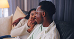Streaming, popcorn or couple in home with feeding, movie binge or watching tv on weekend break. Relax, connection or black people with snack, series subscription or romantic moment with film activity