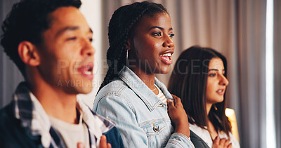 Buy stock photo People, anthem and watching tv with support in home for national day, inspiration or team spirit. Unity, citizens or group of fans singing with smile, pride or honor for sports game or match in house