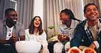 Happy, people and laughing with entertainment in home for online streaming or subscription together. Group, friends and watching tv with smile, food or snacks for weekend, holiday or bonding in house