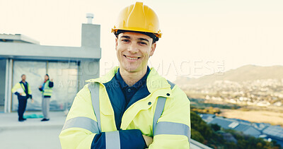 Buy stock photo Portrait, man and engineer outdoor for architecture, inspection and compliance for construction. Space, male person and hard hat at site with arms crossed, project supervisor and building development