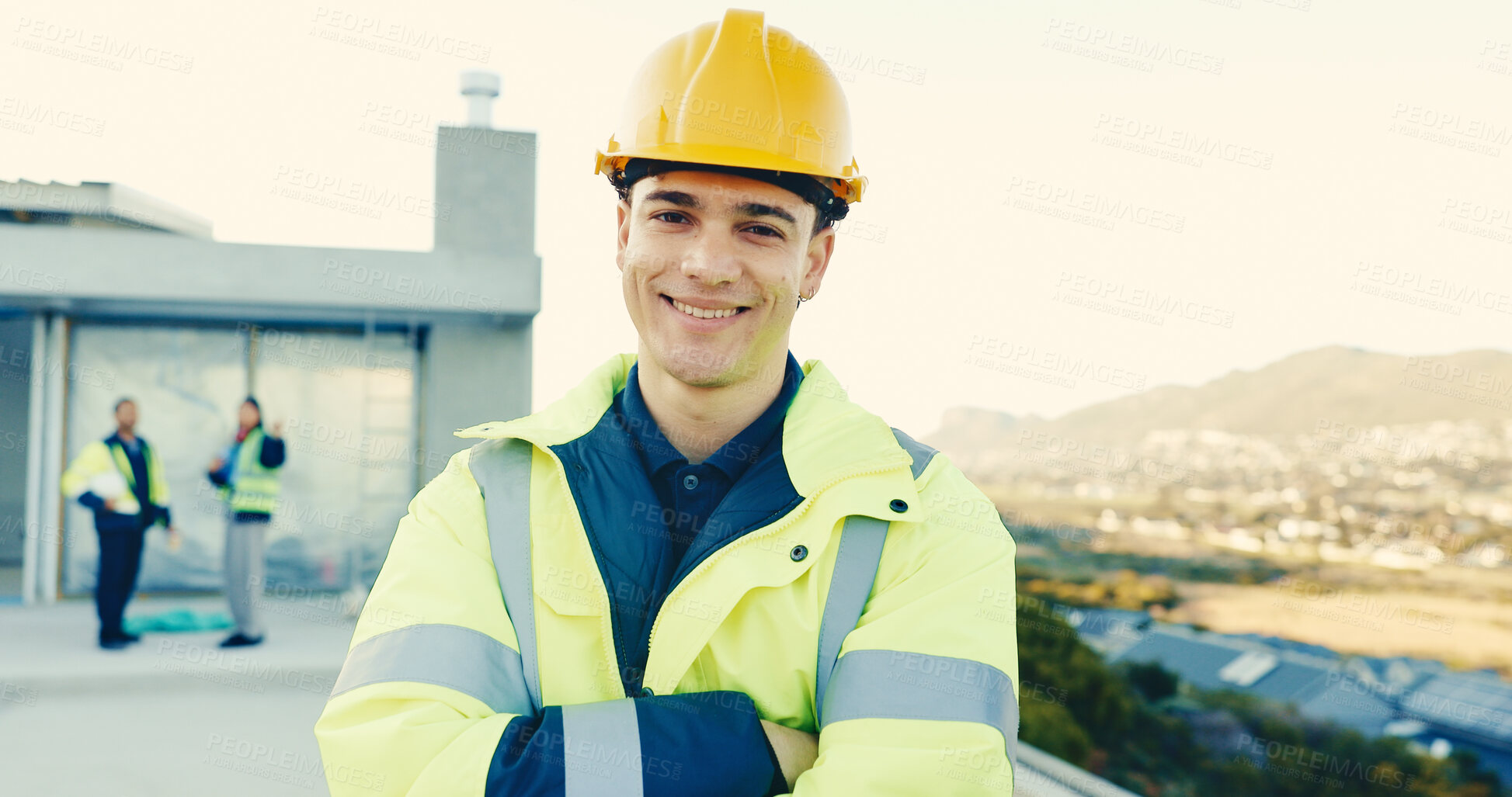 Buy stock photo Portrait, man and engineer outdoor for architecture, inspection and compliance for construction. Space, male person and hard hat at site with arms crossed, project supervisor and building development