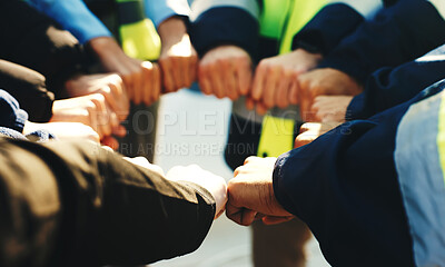 Buy stock photo People, construction and meeting with fist bump in huddle for architecture development or mission. Group, contractor or team building with hands together, collaboration or unity for support or trust