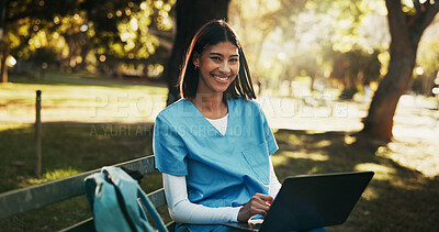 Buy stock photo Laptop, nurse and student at park for healthcare scholarship, study or learning with happiness. Medical learner, computer and portrait of woman outdoor, residency and education research on bench
