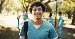 Happy man, nurse and medical student with portrait outdoor for scholarship, development or wellness. Healthcare learner, smile and male person at park, residency and education at nursing school