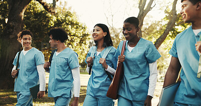 Buy stock photo Happy, friends or nursing student in park with walk, connection or peer support in medical education. Companion, interns or people with stroll, bonding together or group unity in healthcare residency