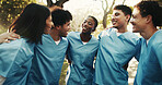 Happy, friends or nursing student outdoor with hug, connection or peer bonding in medical education. Companion, people or interns with huddle, support embrace or group unity in healthcare residency.