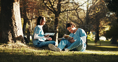 Buy stock photo Nursing, tablet or students outdoor with books, peer research or exam knowledge in medical education. Happy, friends or people with tech, study support or literature revision in healthcare residency.