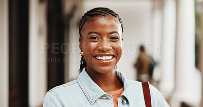 Buy stock photo Student, portrait and black girl with pride in university for academic learning or scholarship. Female person, African learner or smile with confidence for study academy or higher education on campus