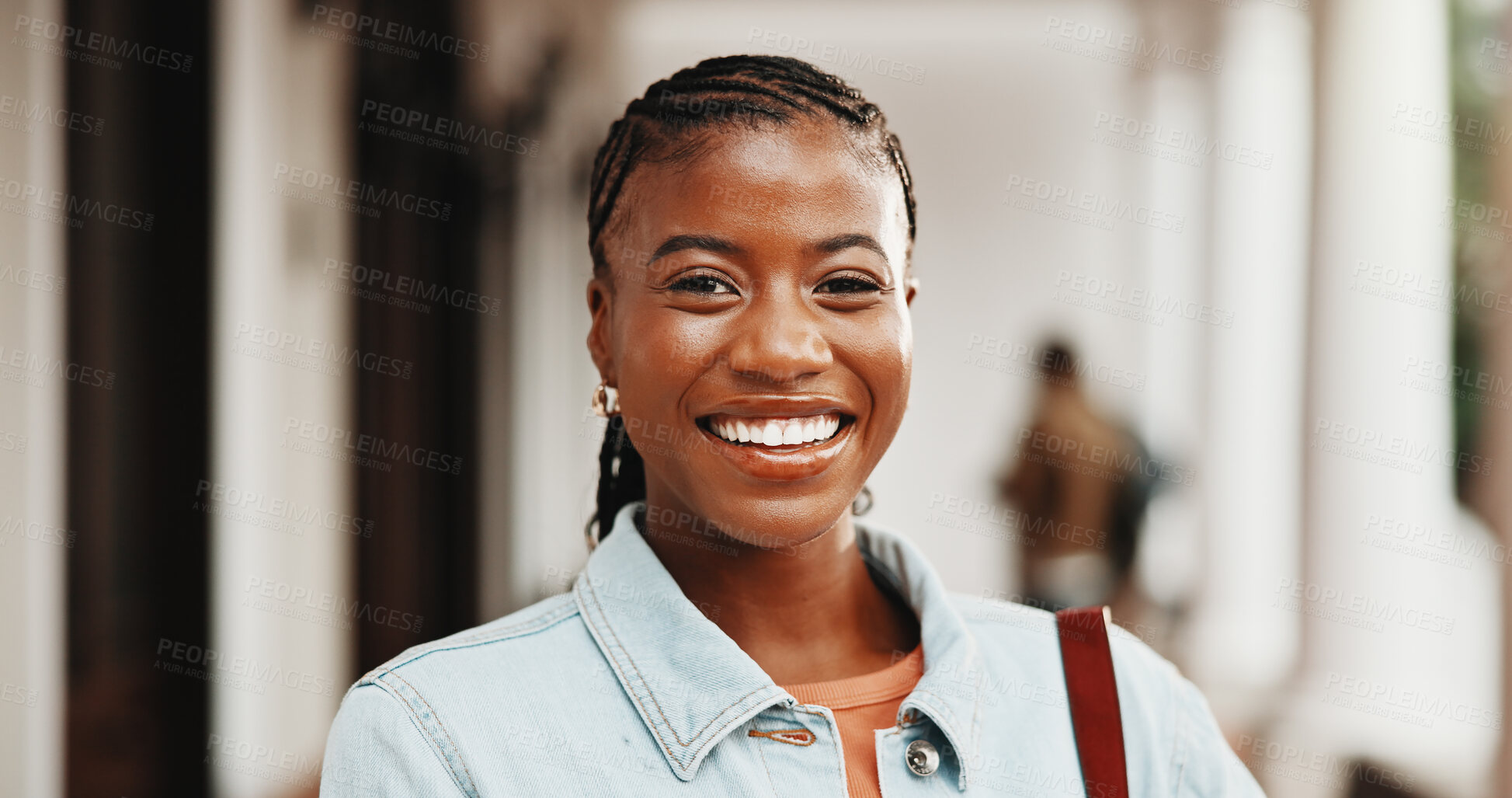 Buy stock photo Student, portrait and black girl with pride in university for academic learning or scholarship. Female person, African learner or smile with confidence for study academy or higher education on campus