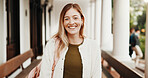 Student, portrait and happy girl with confidence in university for academic learning or scholarship. Female person, African learner or smile with pride for study academy or higher education on campus