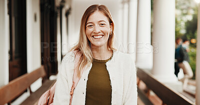 Buy stock photo Student, portrait and happy girl with confidence in university for academic learning or scholarship. Female person, African learner or smile with pride for study academy or higher education on campus