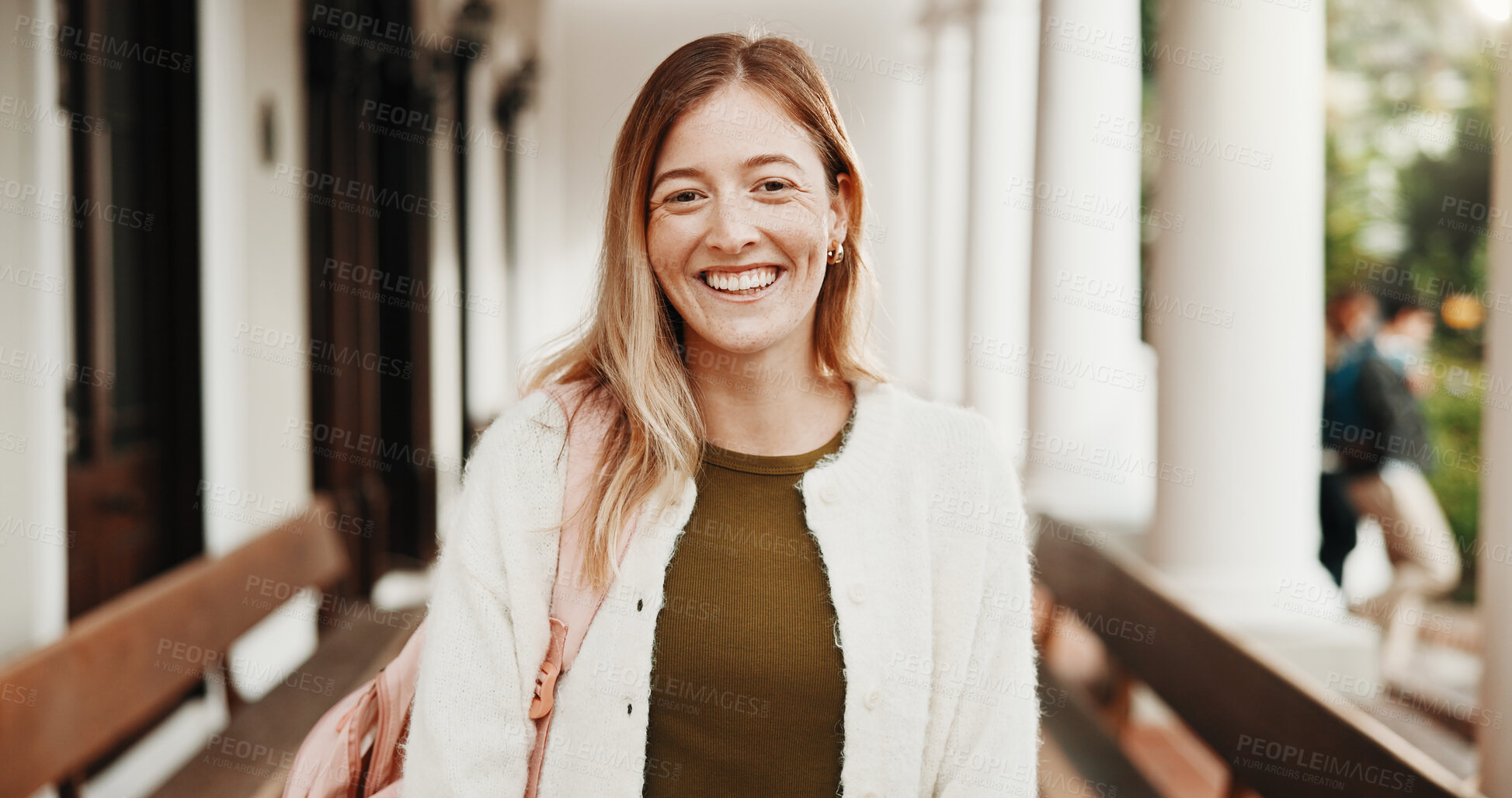 Buy stock photo Student, portrait and happy girl with confidence in university for academic learning or scholarship. Female person, African learner or smile with pride for study academy or higher education on campus