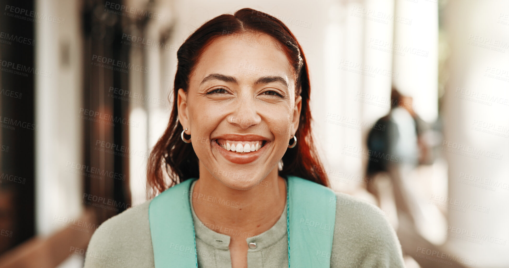 Buy stock photo Portrait, student or woman on campus with smile for college scholarship, education or development. Happy, person and pride outdoor at university for learning, academic goals or study opportunity