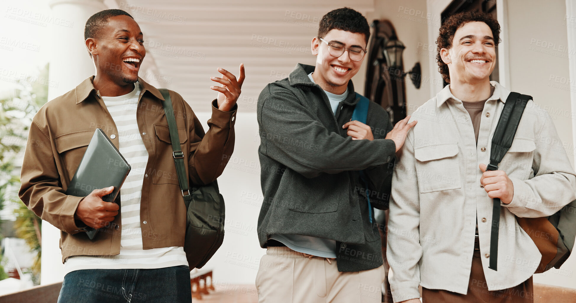 Buy stock photo Friends, laugh and conversation at university with funny story, higher education or joke for bonding. Happy, men or students walk outdoor on college campus with discussion, humor or learning together