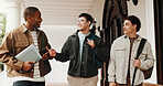 Happy, friends and conversation at university with education, bonding together and break after class. Students, men and walk outdoor on college campus with discussion, smile and learning knowledge.