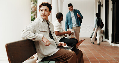 Buy stock photo University, thinking and man with laptop at campus for education, assignment and planning for essay. Student, reflection and person on computer for research, learning and curriculum for college