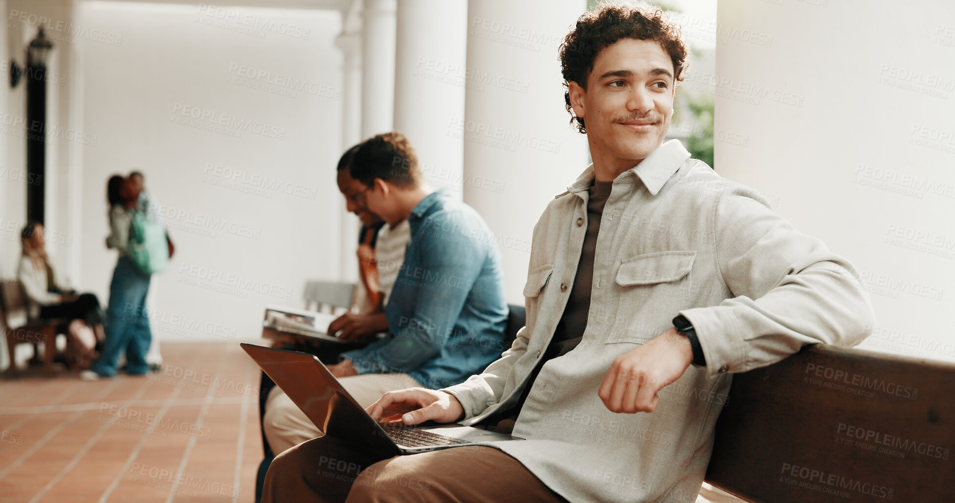 Buy stock photo Thinking, student and happy man with laptop for education, academic information or college website. Campus, male person and smile for research with results, assessment or online for module project