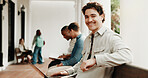 Portrait, waiting and man with laptop for onboarding, interview or hiring process for recruitment. Smile, candidate and paperless on tech for opportunity, job vacancy or meeting at creative agency