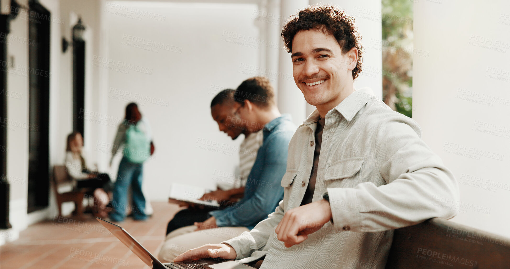 Buy stock photo Portrait, student and happy man with laptop for education, academic information or college website. Campus, male person and smile for research with results, assessment or online for module project