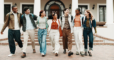 Buy stock photo People, students and walk at university with smile, exchange program and scholarship for education. Happy, friends and study group at campus with backpack, start semester and learning for knowledge