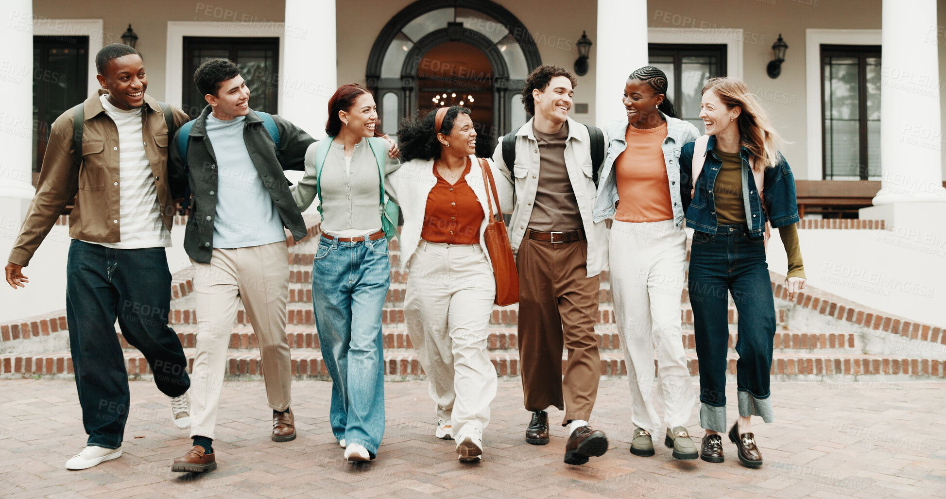 Buy stock photo People, students and walk at university with smile, exchange program and scholarship for education. Happy, friends and study group at campus with backpack, start semester and learning for knowledge