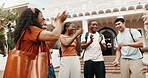 Student, applause or happy with friends in university for winning achievement or success on campus. People, community or group of learners clapping with smile for academic mission together on college