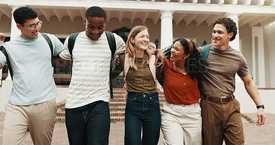 Buy stock photo Friends, laugh and hug at college with funny joke, bonding together and support for higher education. Happy, people and student community outdoor on university campus with embrace, learning or humor.