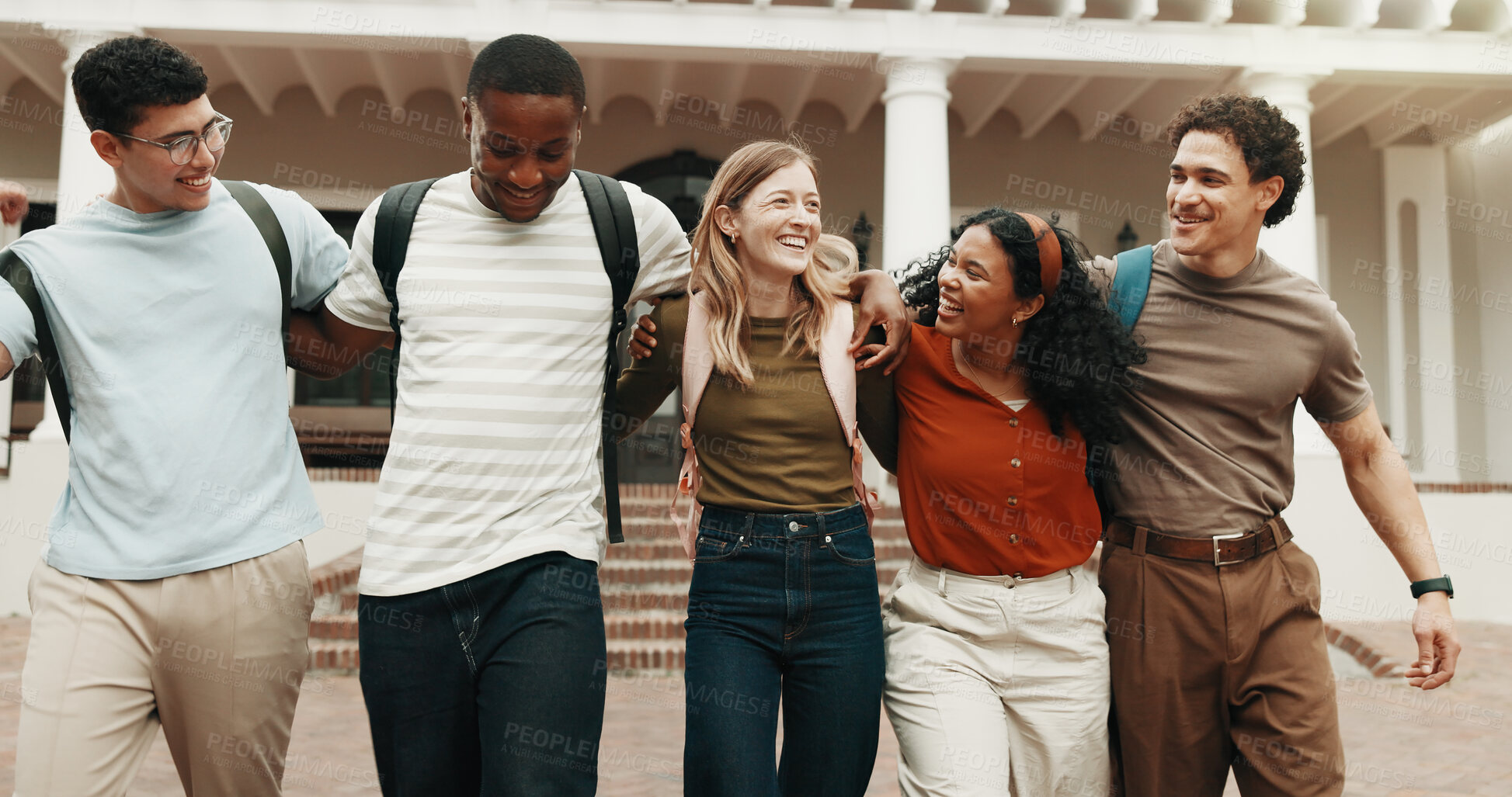 Buy stock photo Friends, laugh and hug at college with funny joke, bonding together and support for higher education. Happy, people and student community outdoor on university campus with embrace, learning or humor.