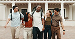 Student, group and walking with friends in university for recess, academic break or leaving campus. People, community or outdoor learners with smile for done classes or finished school on college