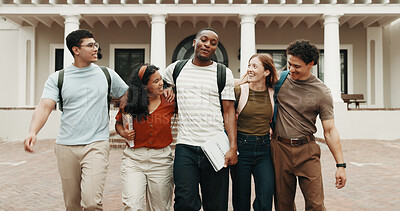Buy stock photo Student, group and walking with friends in university for recess, academic break or leaving campus. People, community or outdoor learners with smile for done classes or finished school on college