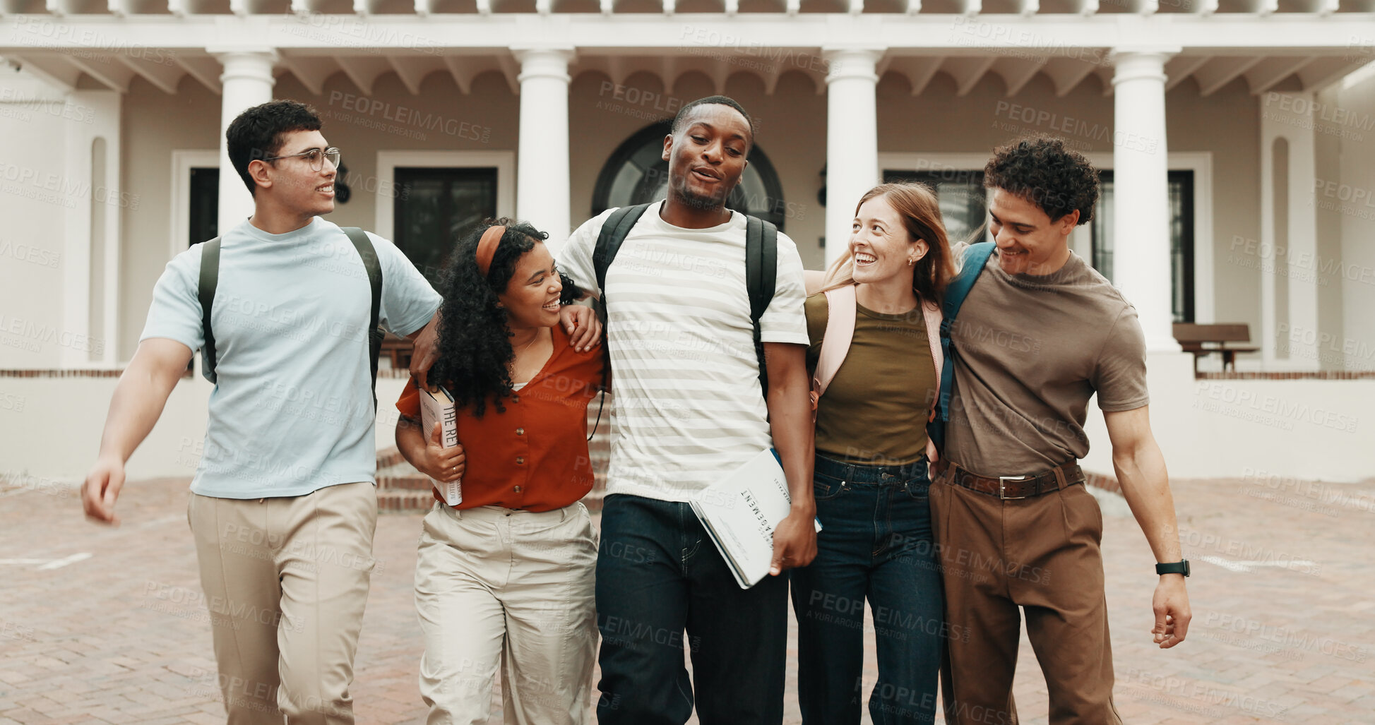 Buy stock photo Student, group and walking with friends in university for recess, academic break or leaving campus. People, community or outdoor learners with smile for done classes or finished school on college