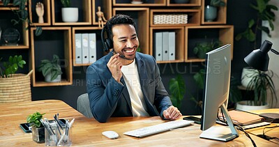 Buy stock photo Happy, man and telemarketing in office with computer, sales knowledge or online for insurance advice. Consultant, person and smile in workplace with desktop, headset and network for lead generation.