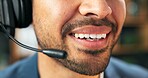Smile, mouth and mic for call center with employee in office, customer service and communication. Man, closeup and headset for help desk support, contact us or virtual assistance with consultation
