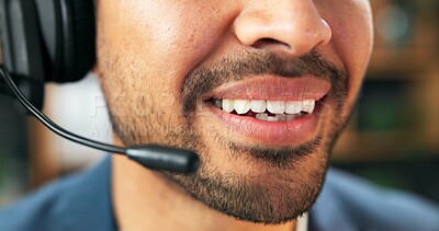 Buy stock photo Smile, mouth and mic for call center with employee in office, customer service and communication. Man, closeup and headset for help desk support, contact us or virtual assistance with consultation