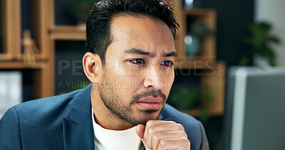 Buy stock photo Business man, computer and reading in office for financial analysis, investment research or thinking. Finance analyst, technology and review wealth report with information for fiscal problem solving