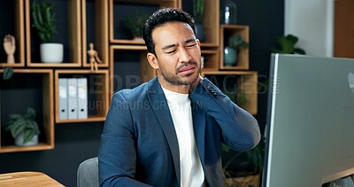 Buy stock photo Tired, businessman and neck pain in office with computer, deadline stress or accountant with fatigue. Exhausted, person and work long hours in accounting firm with pc, muscle tension or inflammation.