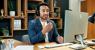 Buy stock photo Man, talk and customer service in office with computer, tech support and advice for software update. Consultant, person and speaking in workplace with pc, IT help desk or contact for troubleshooting.