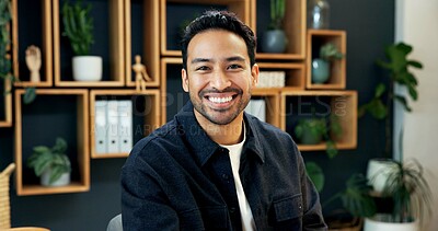 Buy stock photo Portrait, smile and creative man in office with confidence, career development and magazine editor. Happy male person, professional and skilled worker in publication startup, about us and growth