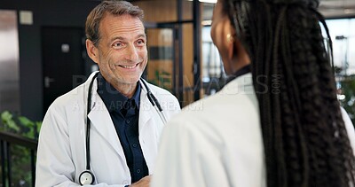 Buy stock photo Doctor, man and team in hospital with smile, collaboration and good news for patient rehabilitation. Happy, healthcare manager and people in clinic with positive feedback, medical advice or optimism.