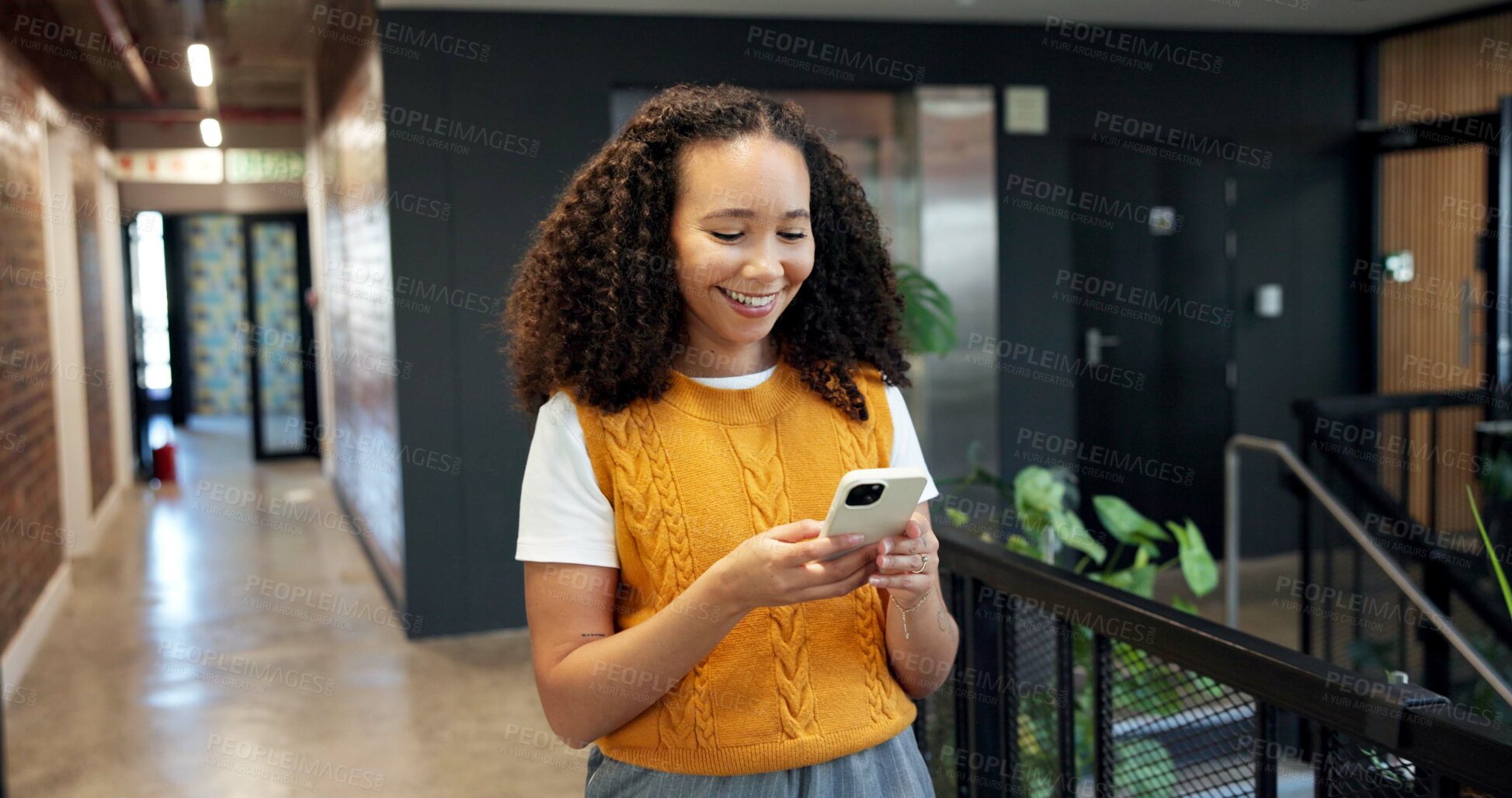 Buy stock photo Happy, business and woman in office with phone, research and email client for viewing schedule. Smile, realtor or review in workplace with mobile, buyer inquiry and pricing property for auction offer