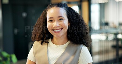 Buy stock photo Creative, portrait and woman with smile in office, public relations and confident for career growth. Happy, employee and person with pride for opportunity, brand management and business development
