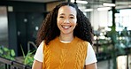 Confident, portrait and woman with smile in office, public relations or ambitious for career growth. Happy, employee and person with pride for opportunity, brand management and business development