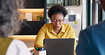 Financial advisor, consultation and meeting with laptop in house, online and discussion with people. Wealth management, woman and talking with clients, advice and investment review with tech in home
