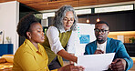 Business people, documents and mentor with team in meeting for financial review and advice. Help, coaching and manager with group, paperwork or data analysis for finance assessment in workplace