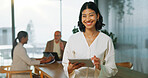 Tablet, smile or portrait of woman in office meeting, investment manager or career growth with pride. Tech, happy person or financial executive in company with ambition, positive attitude or business