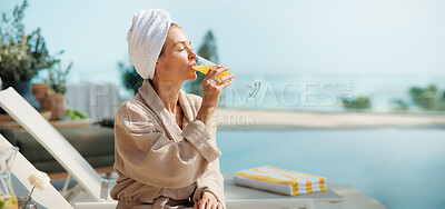 Buy stock photo Relax, hotel and woman with drink by pool for vacation, luxury getaway and holiday on weekend. Hospitality, travel and mature person with mimosa, towel and juice for tourism, peace or break at resort