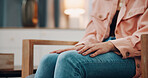 Person, hands and anxiety in office for therapy, emotional counseling or tension in session. Mental health, woman or patient in practice for rehabilitation, trauma response or consultation for advice